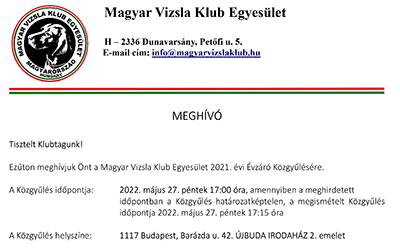 Meghívó a Magyar Vizsla Klub Egyesület 2021. évi Évzáró Közgyűlésére